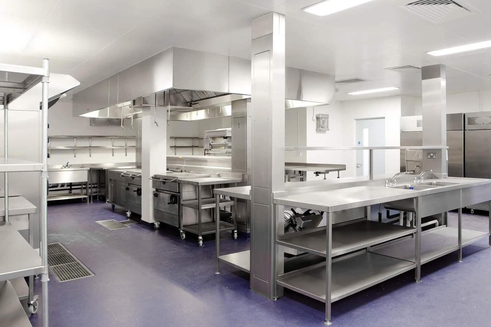Commercial kitchen interior featuring stainless steel countertops, cooking equipment, and organized workspace for food service operations, emphasizing sanitation and pest control needs for restaurants.