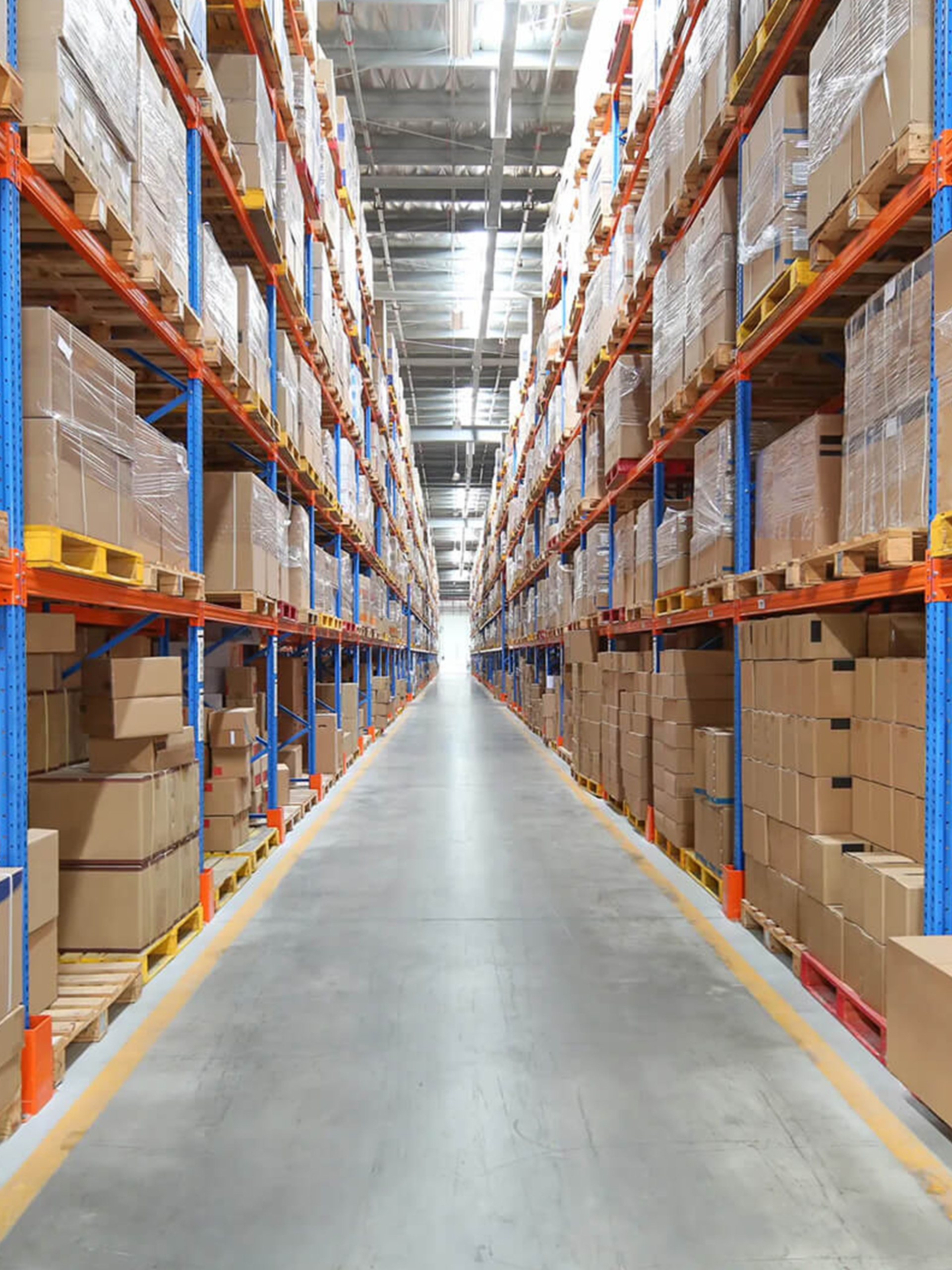 Pest Control Commercial Warehouse pest inspection Warehouse interior with tall shelving units filled with stacked cardboard boxes, emphasizing the need for effective pest control solutions in commercial spaces.