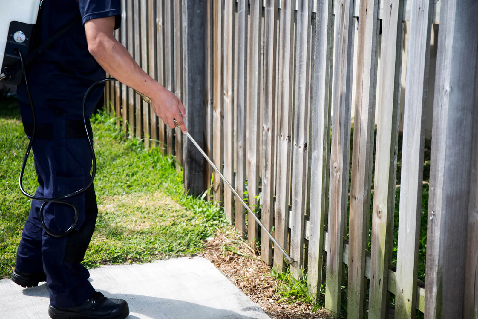 Pest control technician spraying pesticide along wooden fence line in residential area, addressing pest management needs for homes in Greater Atlanta.